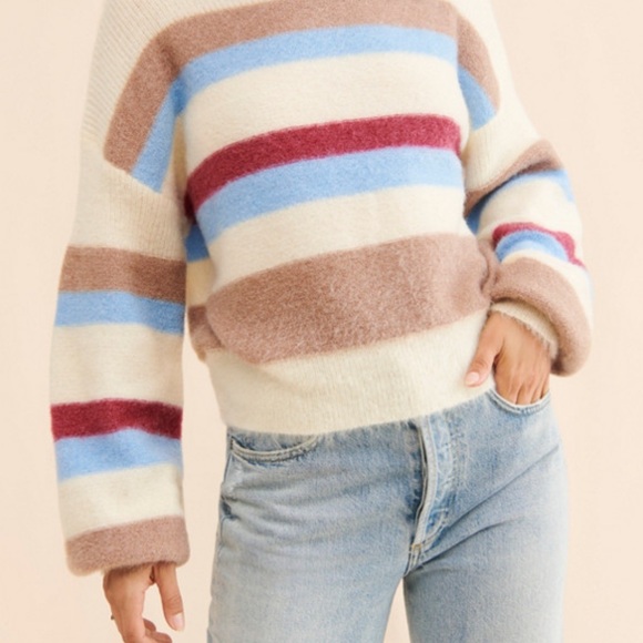 Anthropologie Sweaters - Anthropologie Flat White Fluffy Cream Striped Crewneck Women's Sweater M